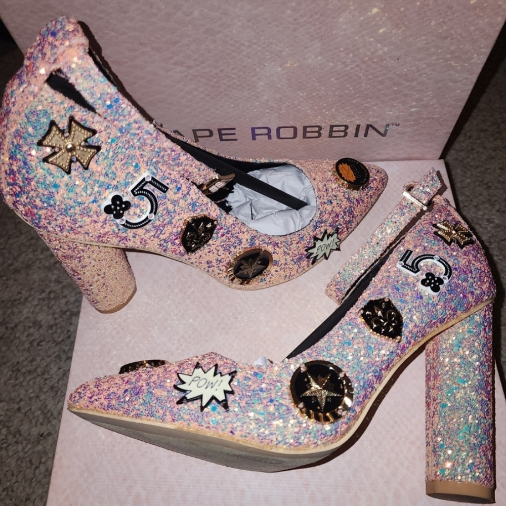 Pink gliter boot heels with ankle straps size 6.5